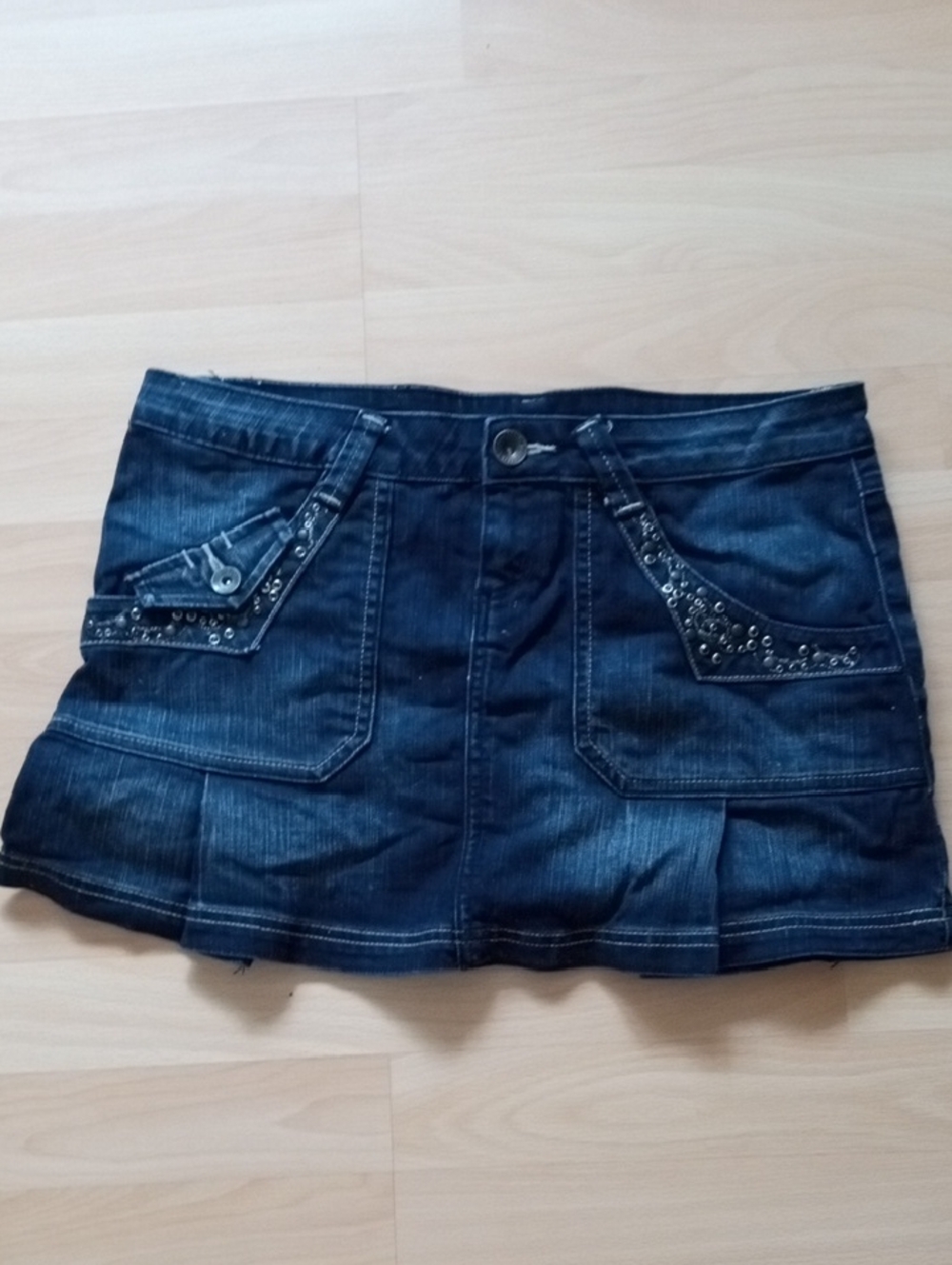 Dark Blue Denim Mini Skirt with Studded Pocket Accents